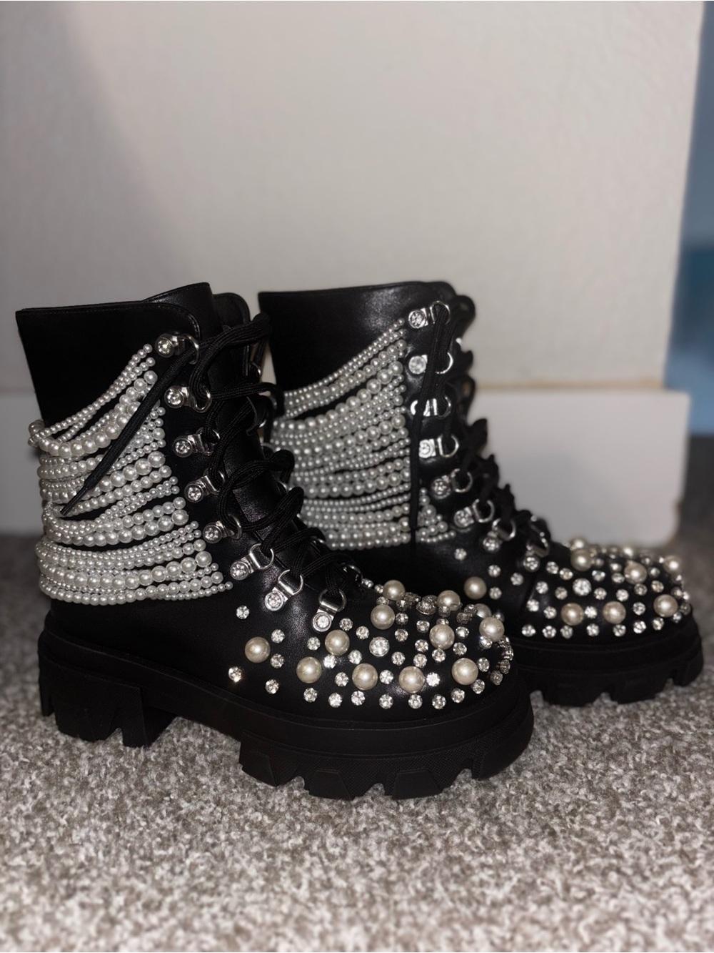 Pearl & Rhinestone Embellished Black Combat Boots - Women